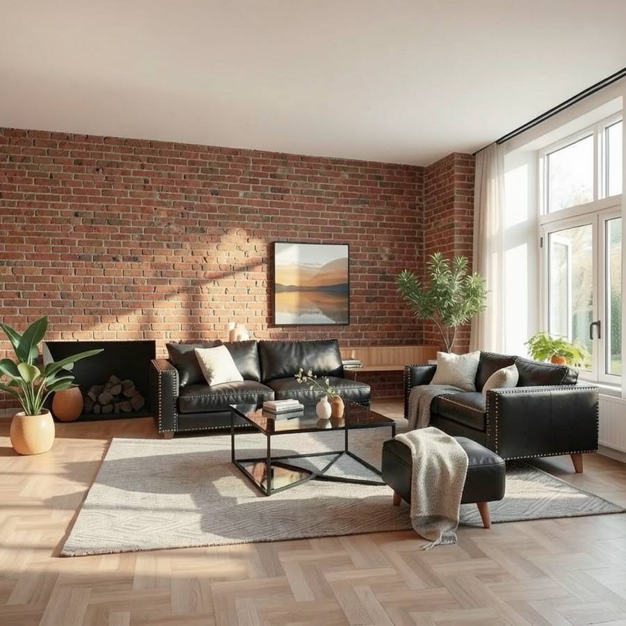 The same room restyled as an industrial loft