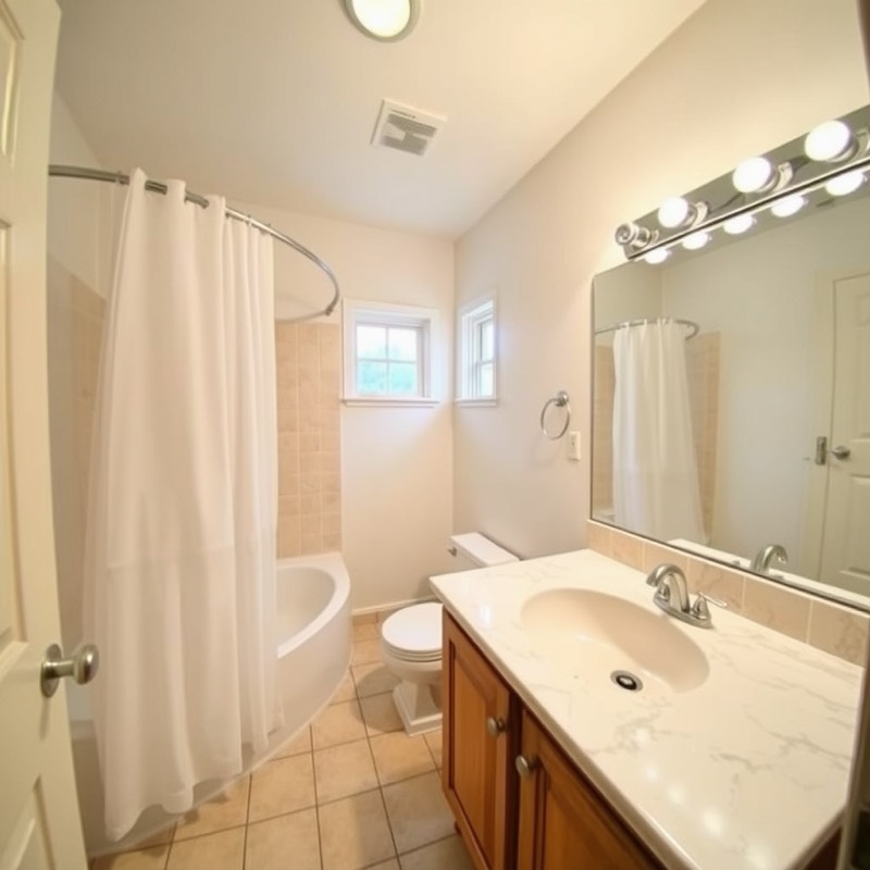 Dated bathroom before the restyle: beige tile, a white tub with a long curtain, a wood vanity with a white top, a bulb light strip over the mirror and a toilet beside the vanity