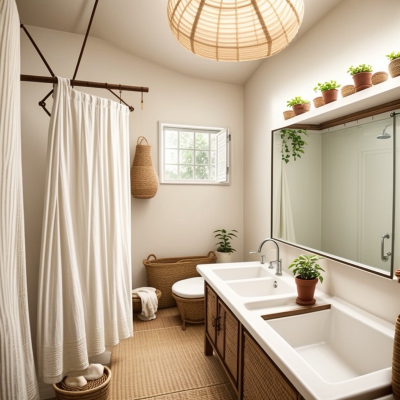 Boho bathroom (AI restyle): a woven rattan pendant, a shelf of potted plants above a wide mirror, white curtains, a wood vanity with a white top, a jute rug and a woven basket by the toilet