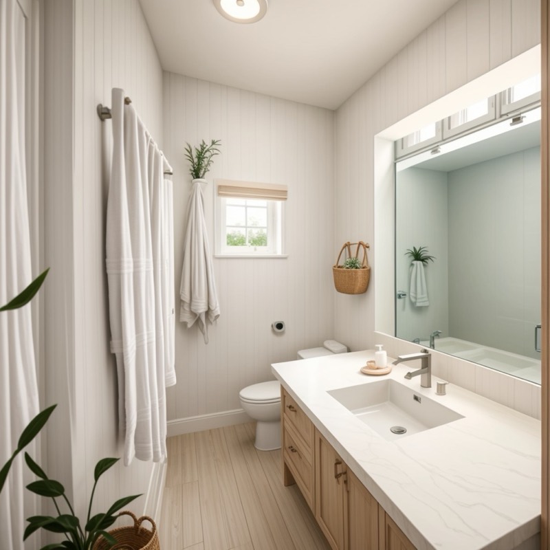 Coastal bathroom (AI restyle): white walls and towels, a pale wood floor, a white vanity top on a light wood cabinet, a wide mirror with a light bar and a wicker basket on the wall