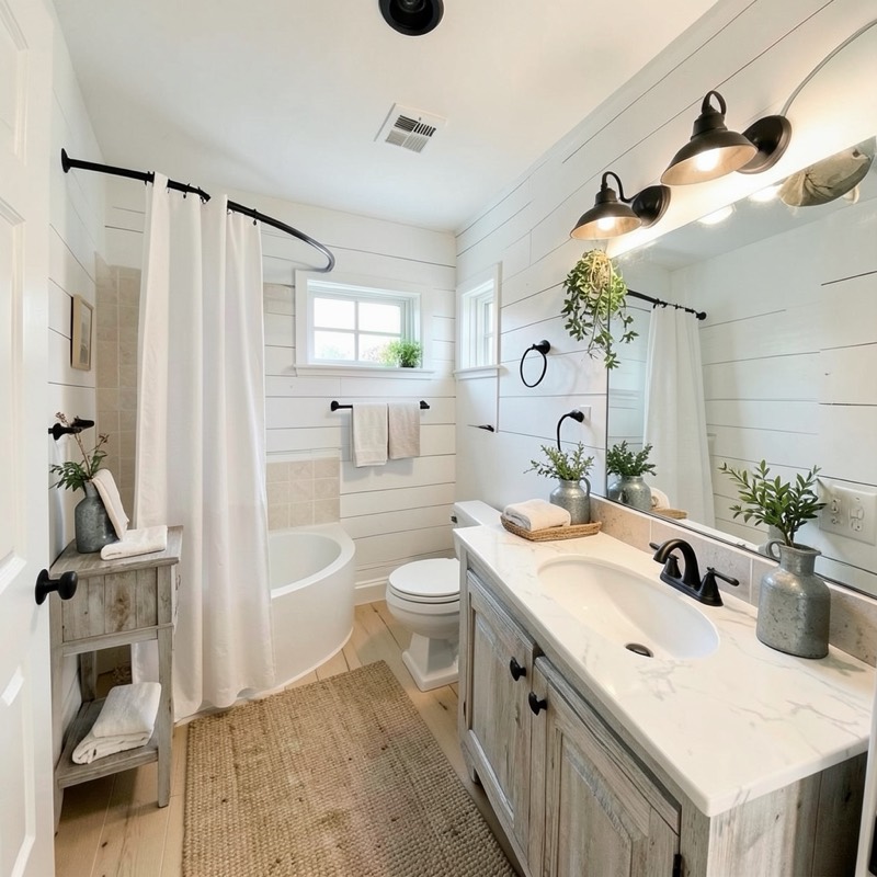 Modern farmhouse bathroom (AI restyle): white shiplap walls, black sconces over the mirror, a whitewashed wood vanity with a marble top, a white shower curtain, a wood shelf with towels and a light wood floor