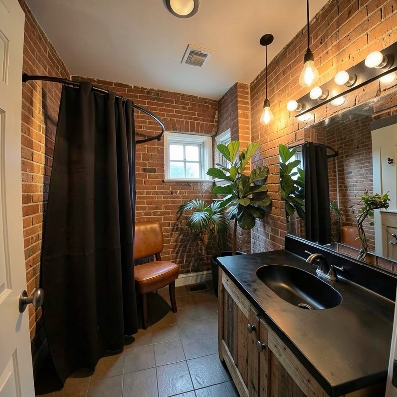 Industrial bathroom (AI restyle): red brick walls, a black shower curtain, a black sink top on a dark wood vanity, Edison bulb pendants, a dark tile floor and a leather chair by the window with plants