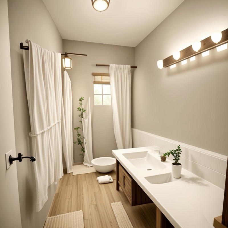 Japandi bathroom (AI restyle): warm greige walls, white curtains, a light wood floor, a white vanity on a wood base, a bulb light strip over the mirror and a few plants