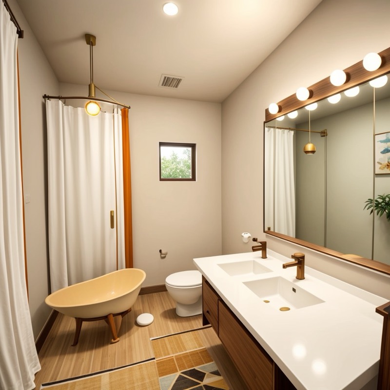 Mid-century modern bathroom (AI restyle): a wood freestanding tub, a brass globe pendant, a white shower curtain, a walnut vanity with brass taps, a geometric floor and a small window