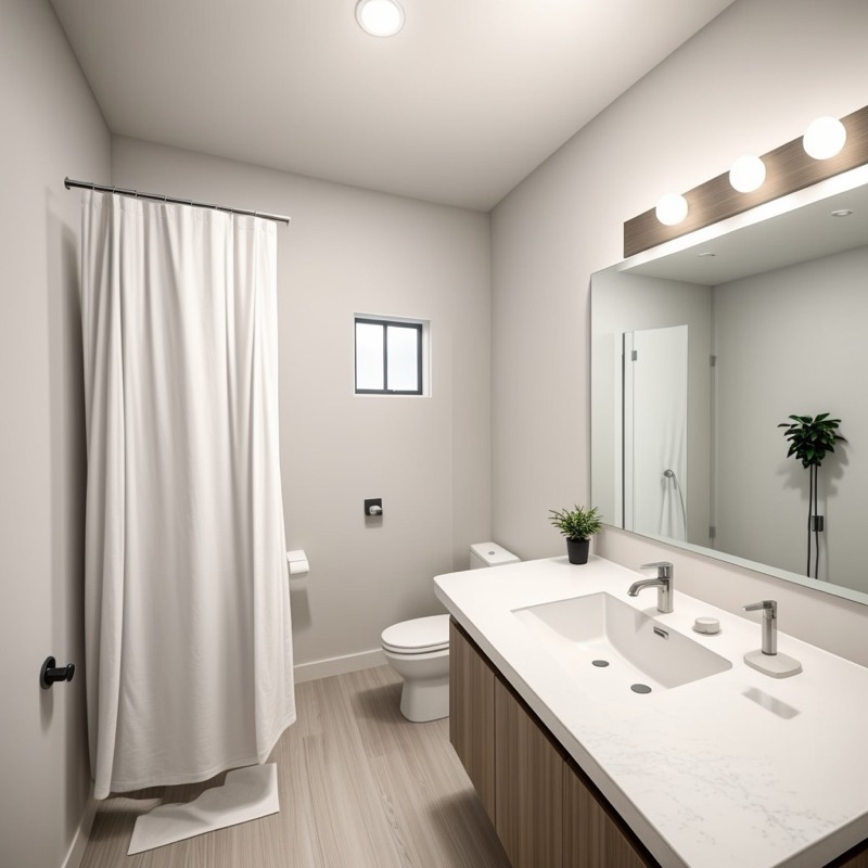 Minimalist bathroom (AI restyle): plain white walls and curtain, a light wood floor, a white sink top on a wood vanity, a bulb light strip over the mirror and one small plant