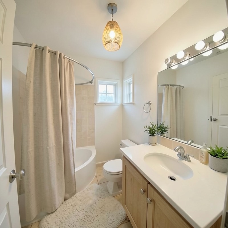 Scandinavian bathroom (AI restyle): white walls, a linen shower curtain, a light wood vanity with a white sink, a woven pendant light, a fluffy white bath mat and small plants