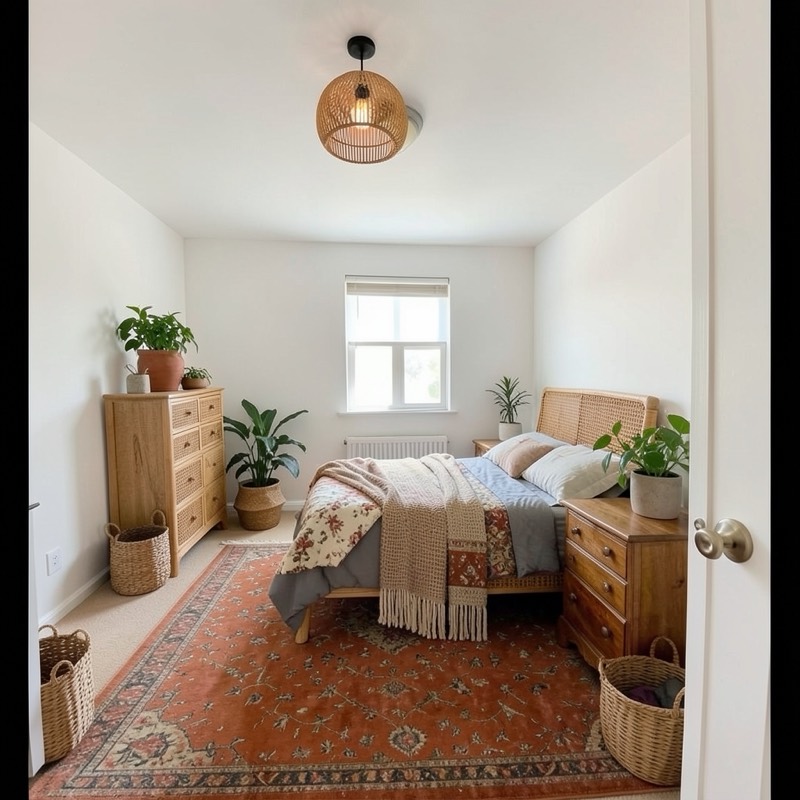 Boho bedroom (AI restyle): cane headboard bed with a floral quilt and fringed throws, a terracotta vintage rug, rattan front dresser, rattan pendant light, baskets and plants