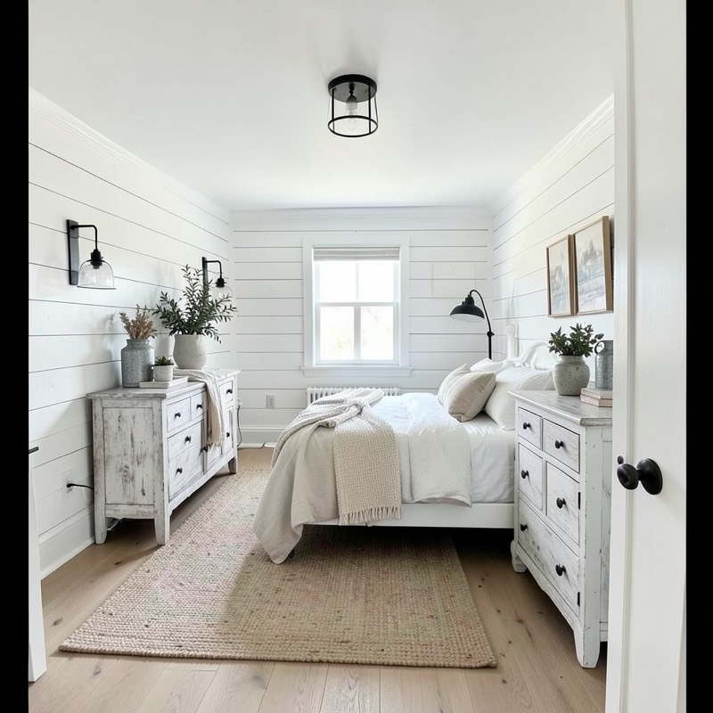 Modern farmhouse bedroom (AI restyle): white shiplap walls, black wall sconces and lantern light, white bed with linen bedding, distressed white dressers and a jute rug