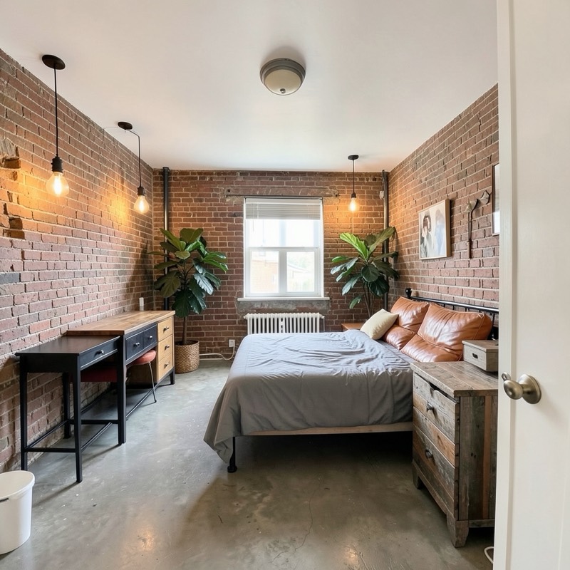 The same bedroom restyled as Industrial loft