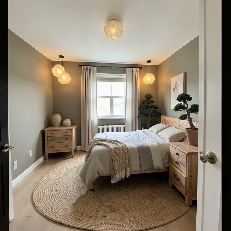 The same bedroom restyled as Japandi