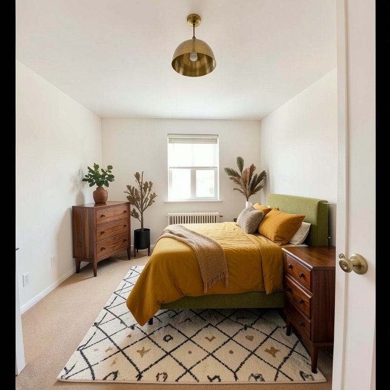 Mid-century modern bedroom (AI restyle): olive upholstered bed with mustard bedding, walnut dresser and nightstand on tapered legs, a brass dome pendant and a geometric rug