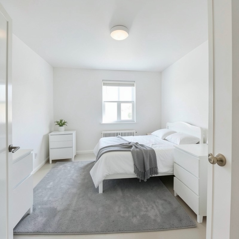 Minimalist bedroom (AI restyle): bare white walls, white bed with white bedding and a gray throw, white nightstands, a gray rug, a flush ceiling light and one small plant