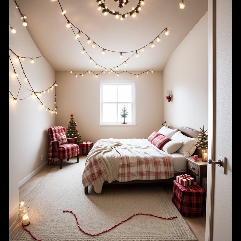 Cozy Christmas bedroom (AI restyle): string lights across the ceiling, a red plaid armchair and bedding, a small tree, wrapped presents, a knit rug and candles