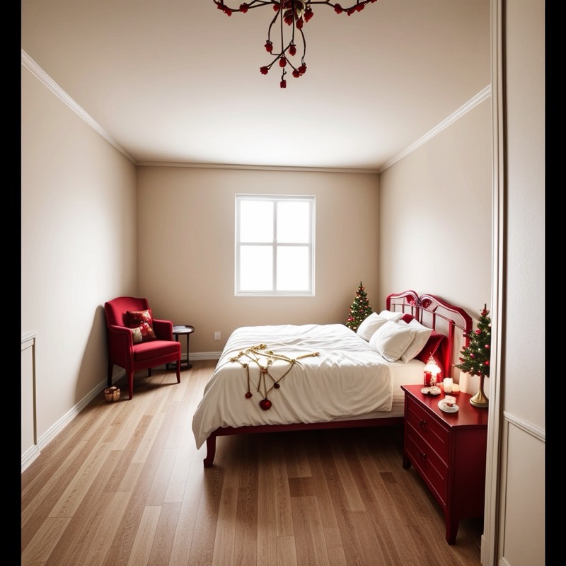 Classic red and gold Christmas bedroom (AI restyle): a red velvet armchair, a red bed frame with white bedding, a red nightstand with candles and a small decorated tree