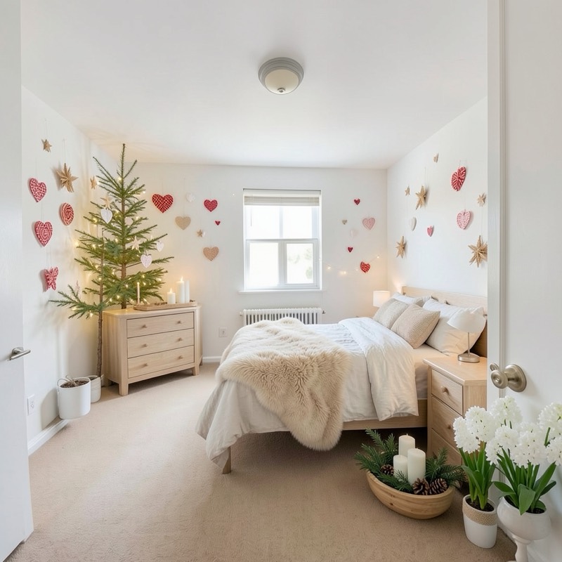 Scandinavian Christmas bedroom (AI restyle): a slim spruce by the window, red paper hearts on the walls, white bedding with a knit throw, a light wood dresser and white flowers