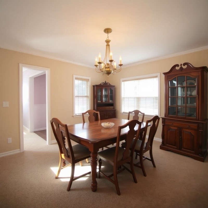 Dated dining room before the restyle: beige walls and carpet, a dark wood table with six spindle chairs, a brass chandelier, two china cabinets and windows with white blinds