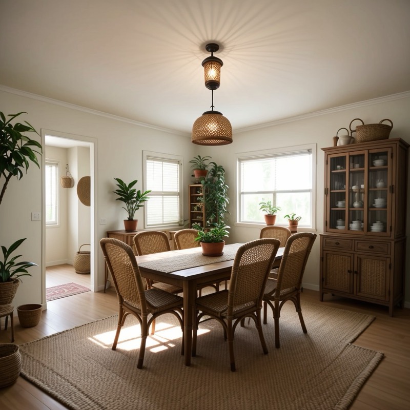 Boho dining room (AI restyle): rattan chairs around a wood table, a jute rug, a woven pendant lantern, a wood china cabinet and potted plants