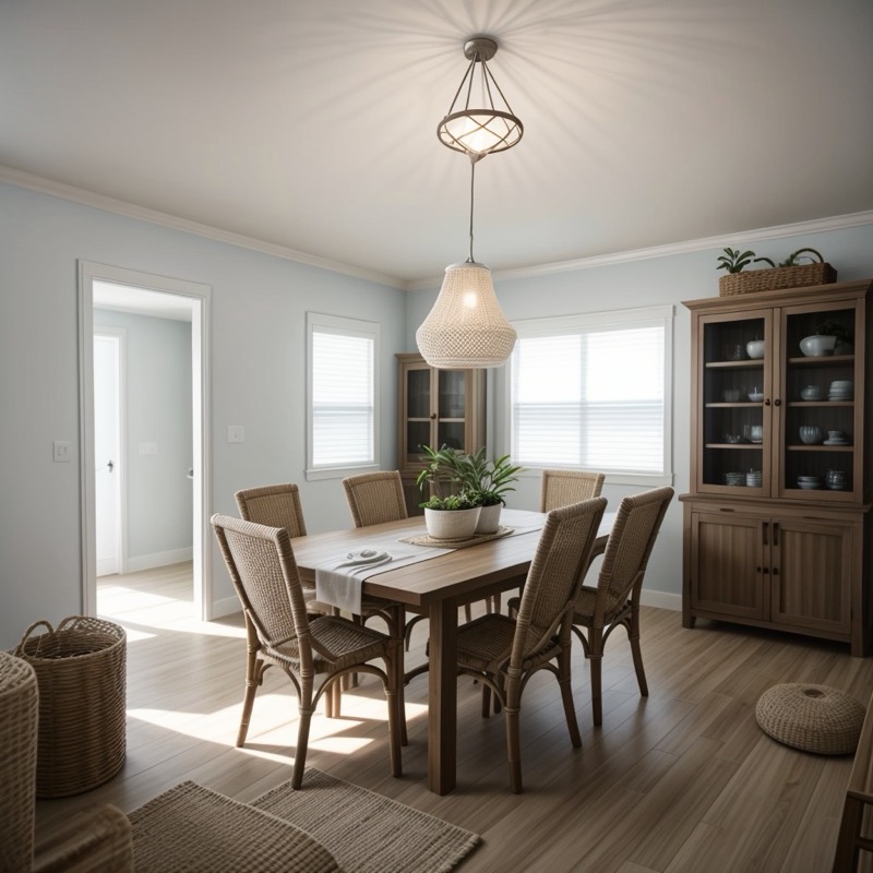 Coastal dining room (AI restyle): white walls, a wood table with woven chairs and a runner, a white pendant, a wood china cabinet, a basket and a light wood floor