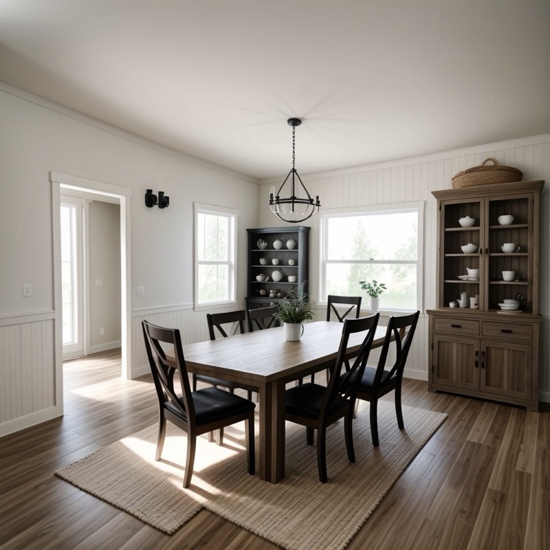 Modern farmhouse dining room (AI restyle): white walls, a wood table with black chairs, an iron chandelier, a jute rug, a wood hutch and dark plank floors