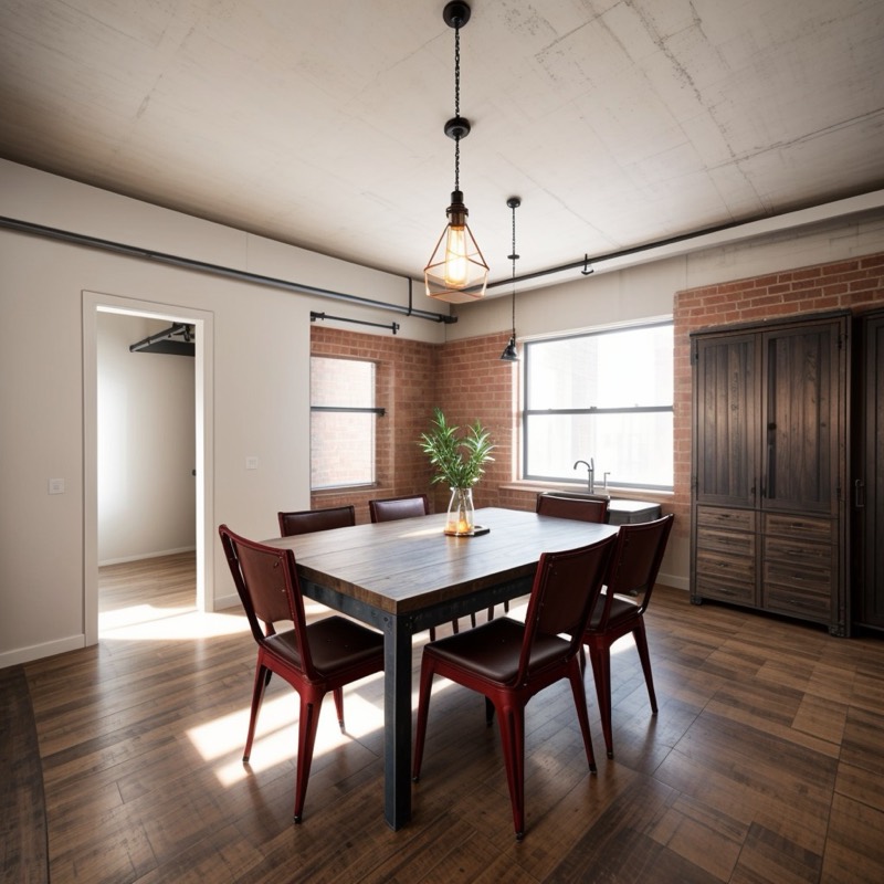 Industrial dining room (AI restyle): brick walls and exposed pipes, a dark table with red metal chairs, a dark wood cabinet, a pendant light and dark plank floors
