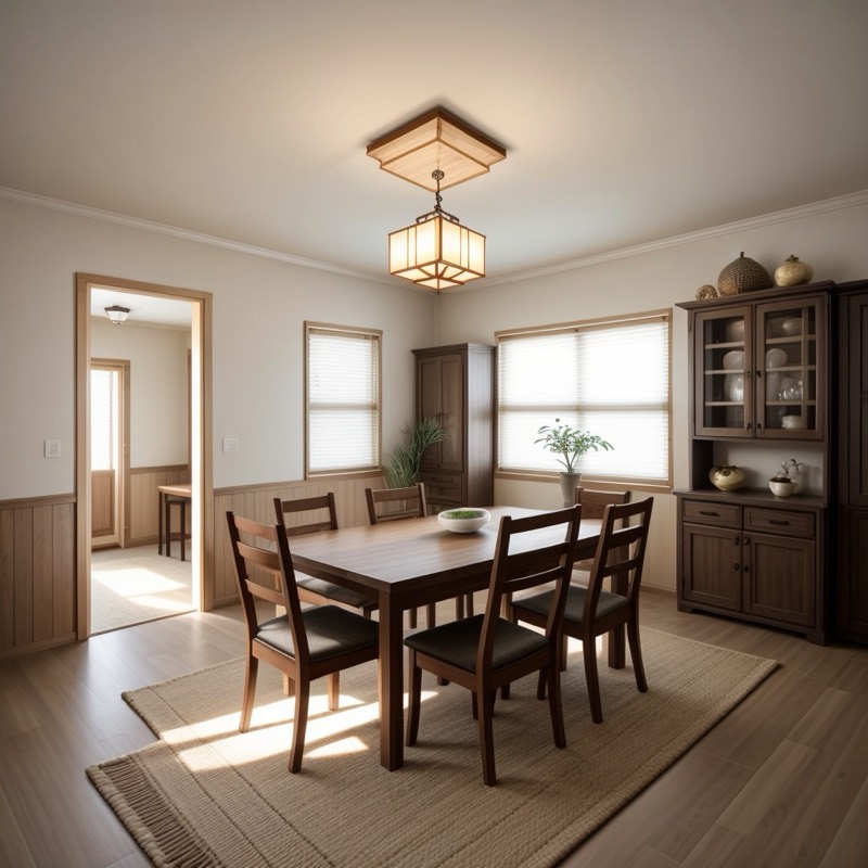 Japandi dining room (AI restyle): a paper lantern pendant, a dark wood table with chairs, a natural rug, wood paneling below the windows and a wood cabinet