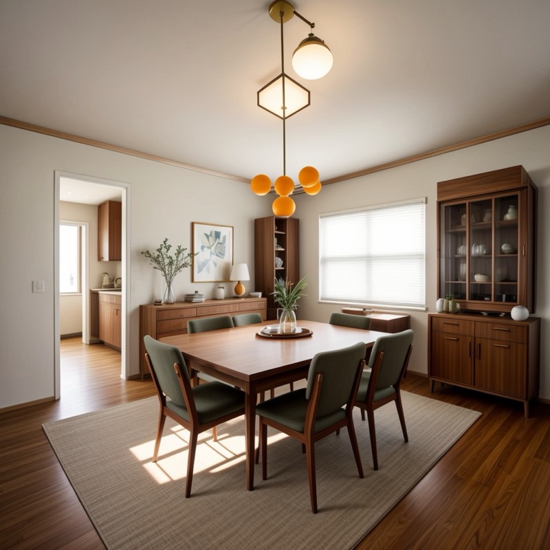 Mid-century modern dining room (AI restyle): a geometric pendant with orange globes, a walnut table with green upholstered chairs, a walnut cabinet and a woven rug