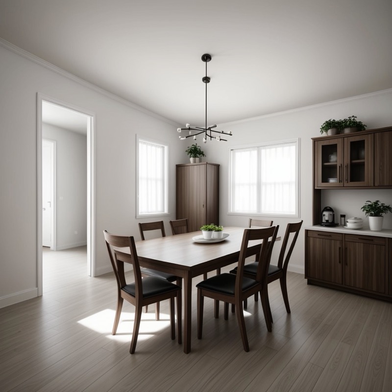 Minimalist dining room (AI restyle): white walls, a black iron chandelier, a pale table with dark chairs, a dark cabinet and a gray floor