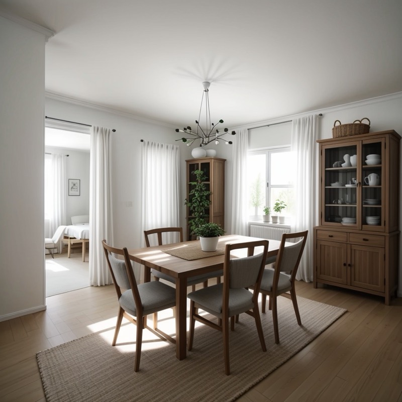 Scandinavian dining room (AI restyle): white walls and sheer curtains, a wire pendant, a light wood table with gray chairs, a striped rug and a wood china cabinet