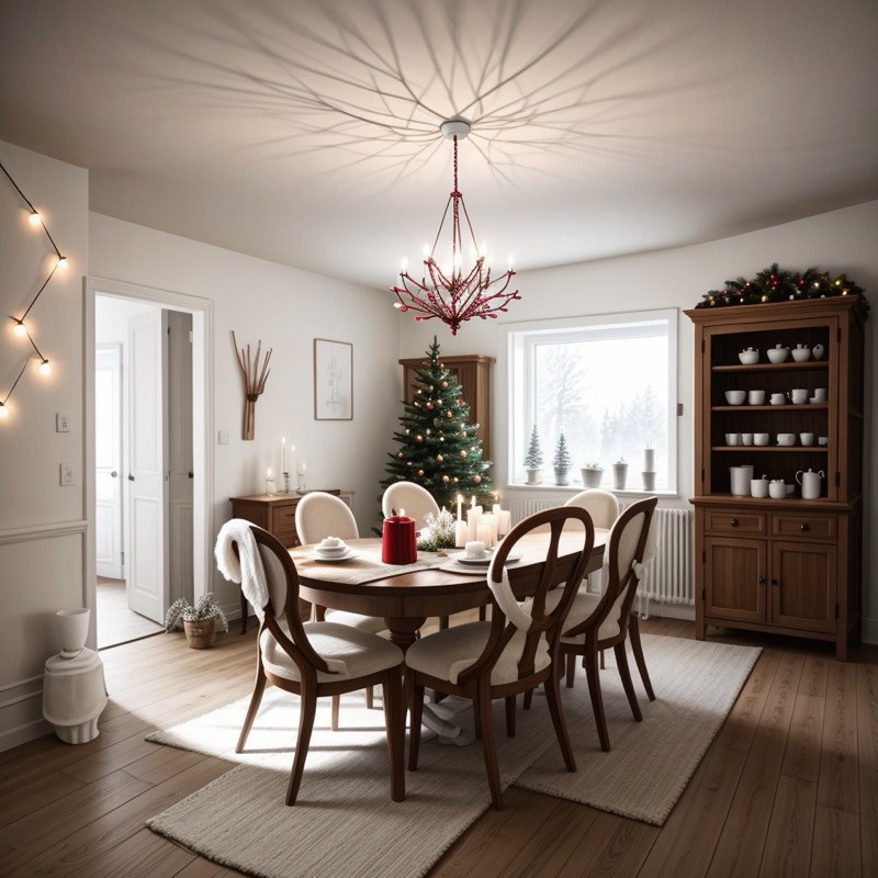 Scandinavian Christmas dining room (AI restyle): white chairs around a round table, a branch chandelier, string lights, a tree in the corner and a wood cabinet