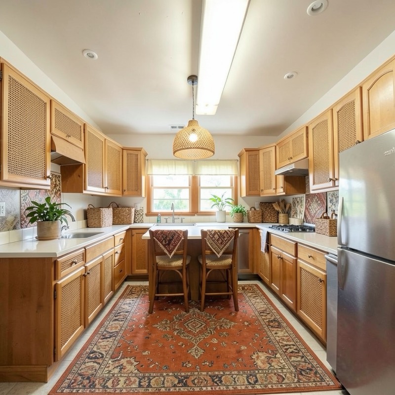 Boho kitchen (AI restyle): the original honey wood cabinets with a woven rattan pendant, a terracotta and rust vintage rug, a small wood table with patterned chair cushions, and plants on the counters