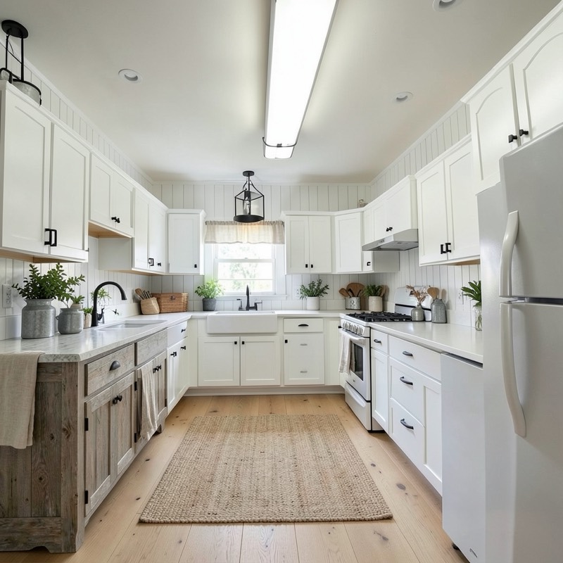 Modern farmhouse kitchen (AI restyle): white shaker cabinets with black hardware, a weathered wood island, a jute runner on a light oak floor, a black lantern pendant and potted herbs by the window