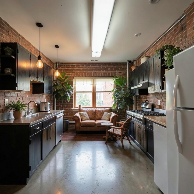 The same kitchen restyled as Industrial loft