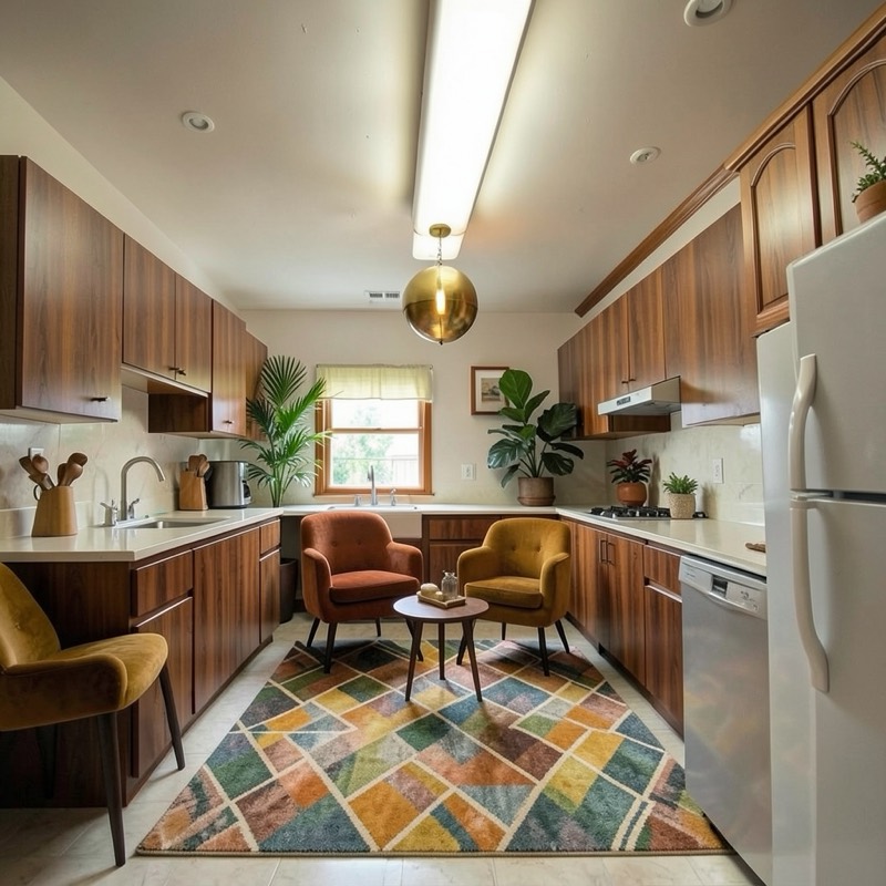 Mid-century modern kitchen (AI restyle): walnut slab cabinets in the same layout, a brass globe pendant, a multicolor geometric rug, mustard and rust armchairs around a small round table, and plants by the window