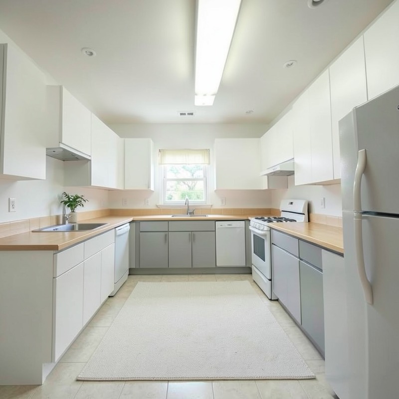 Minimalist kitchen (AI restyle): flat white cabinets and pale gray lower doors, clear counters, a pale smooth floor with a plain cream runner, and one small plant by the window