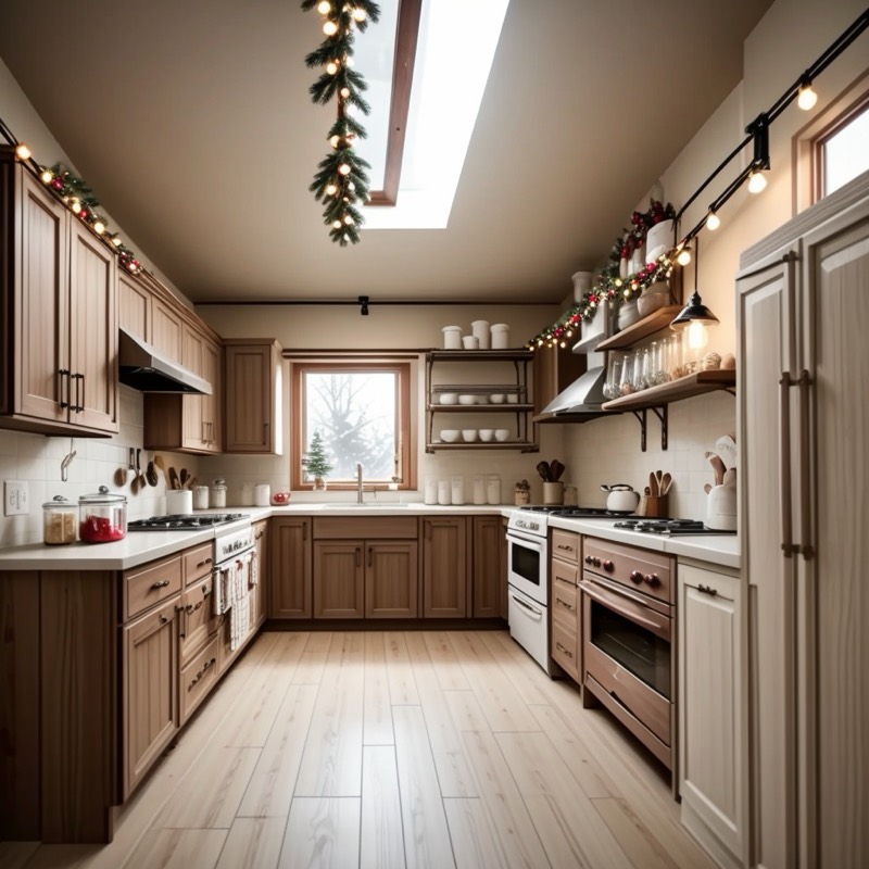 Cozy Christmas kitchen (AI restyle): wood cabinets, a pine garland with lights along the cabinets, a small tree in the window and a skylight