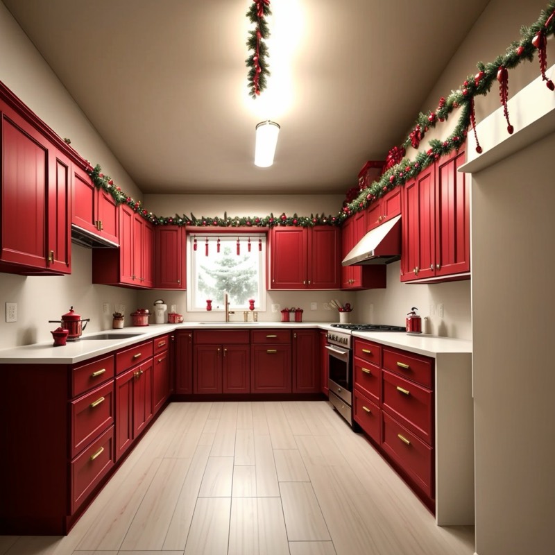 Classic red and gold Christmas kitchen (AI restyle): red cabinets, a pine garland with red bows along the tops and a small tree in the window