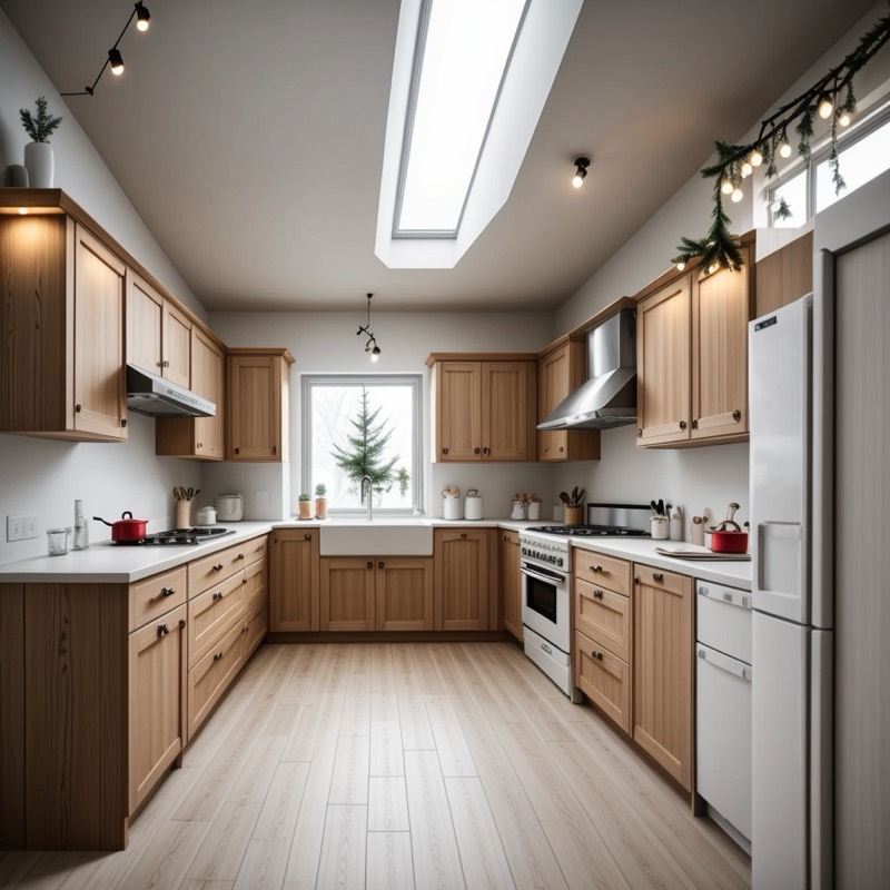 Scandinavian Christmas kitchen (AI restyle): light wood cabinets, white walls, string lights, a small tree in the window and a skylight