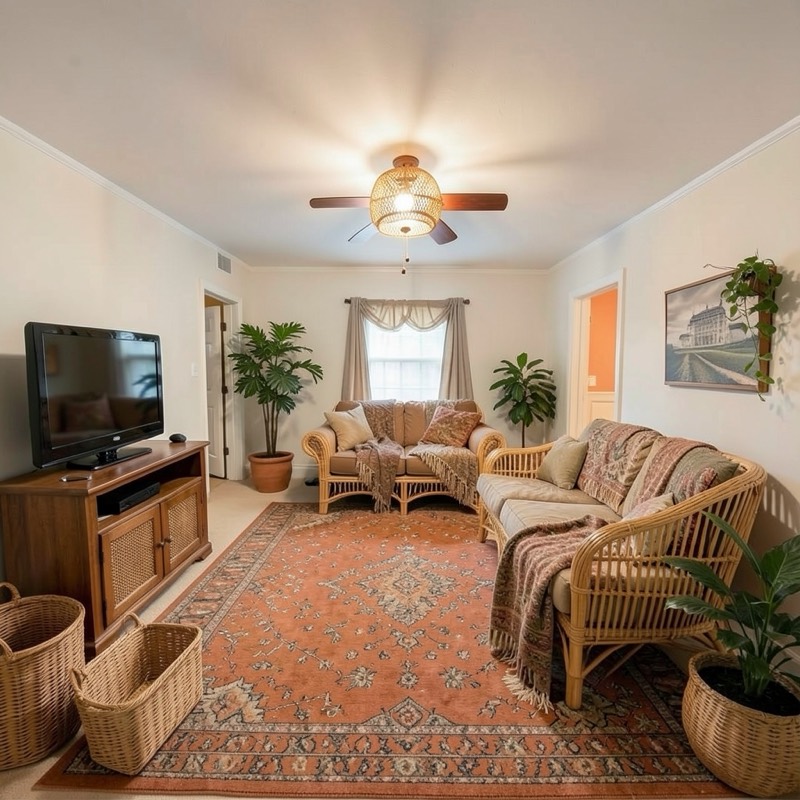 Boho living room (AI restyle): rattan sofa and loveseat with patterned throws, a terracotta and rust vintage rug, a rattan fan light, woven baskets and potted plants