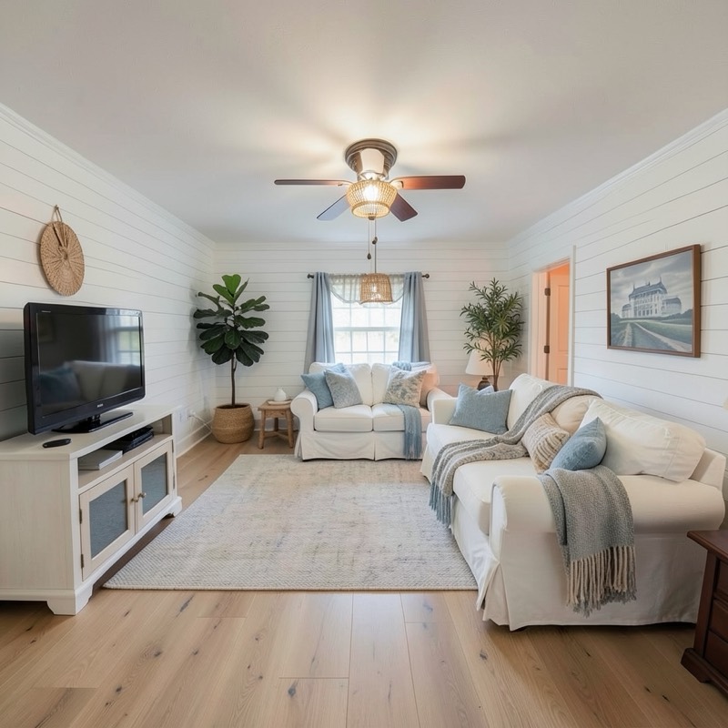 The same living room restyled as Coastal