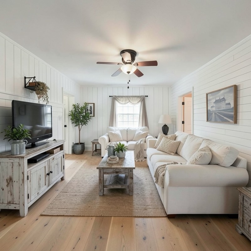 Modern farmhouse living room (AI restyle): white plank walls, wide plank oak floor, white sofas, distressed white TV console, rustic wood coffee table and jute rug