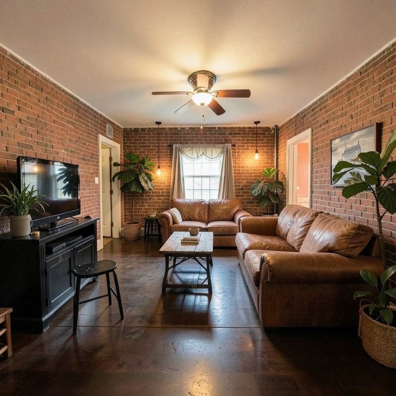 The same living room restyled as Industrial loft