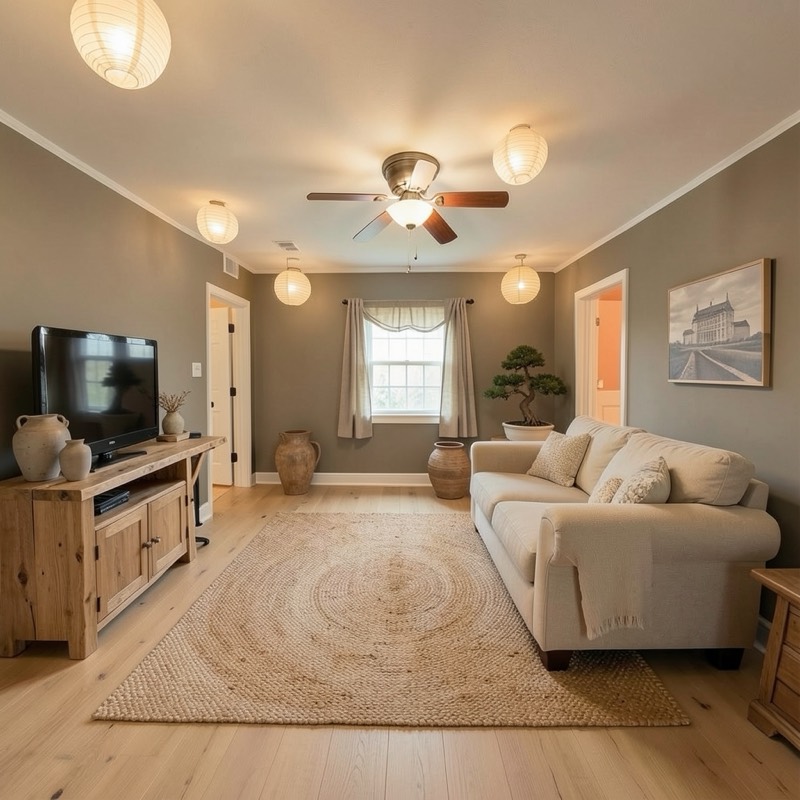 The same living room restyled as Japandi