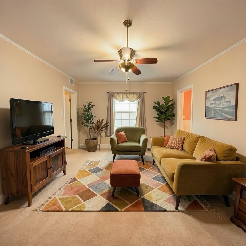 Mid-century modern living room (AI restyle): mustard velvet sofa, olive armchair, burnt orange ottoman, multicolor geometric rug, walnut TV console and brass globe light