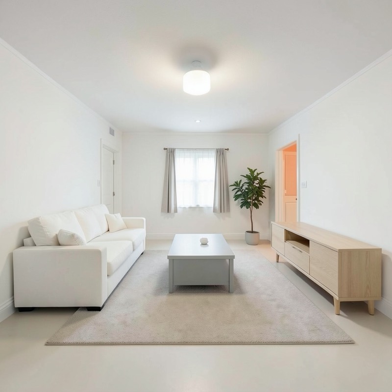 Minimalist living room (AI restyle): bare white walls, white sofa, gray coffee table, pale wood media console, plain rug, flush ceiling light and one potted tree