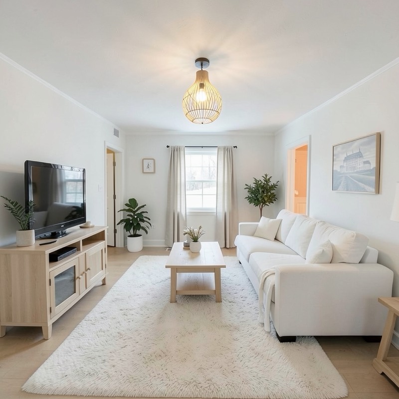The same living room restyled as Scandinavian