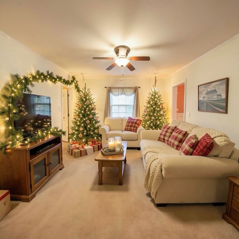 Cozy Christmas living room (AI restyle): cream sofas with red plaid cushions and a knit throw, two lit Christmas trees with presents, a pine garland with lights around the TV and candles in jars on a wood coffee table