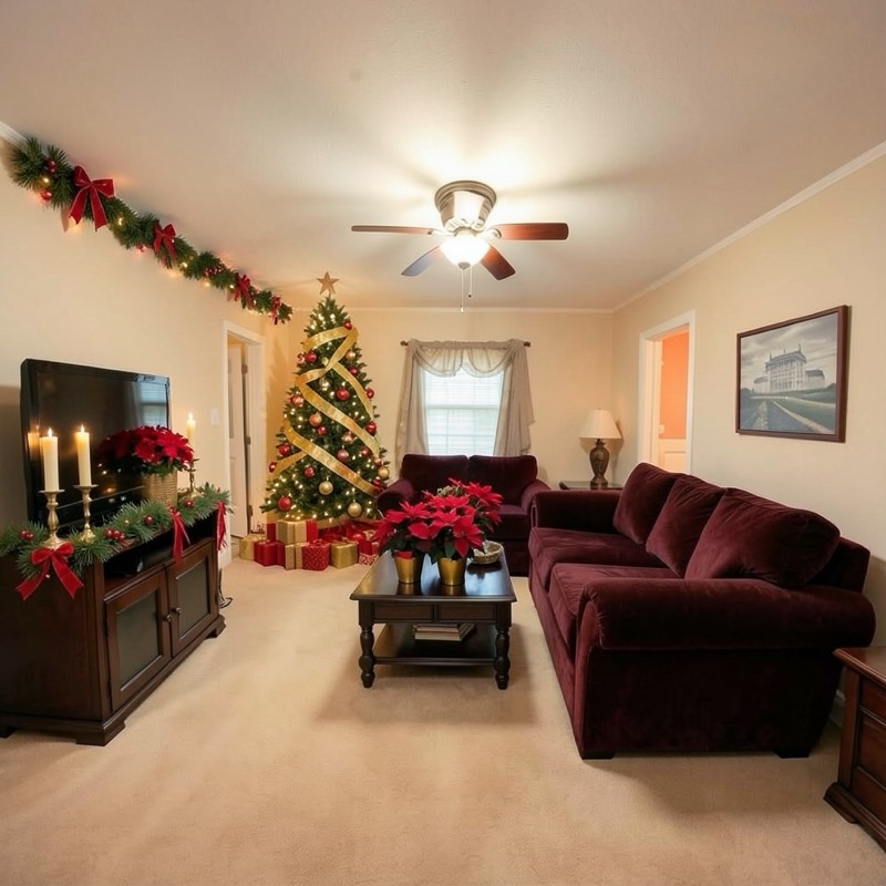 Classic red and gold Christmas living room (AI restyle): deep red velvet sofas, a tree with red and gold ornaments and gold ribbon, presents, a pine garland with red bows, poinsettias in gold pots and brass candlesticks