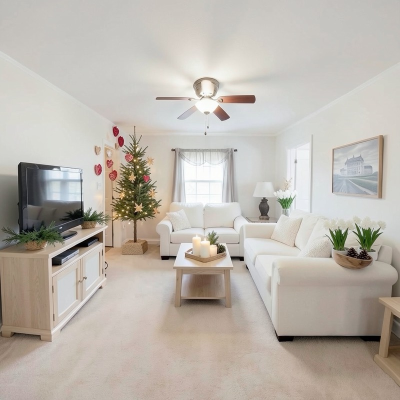 Scandinavian Christmas living room (AI restyle): white walls and white sofas, a slim spruce with straw stars beside the window, red and white paper hearts, a light wood TV stand and white candles on a wooden tray