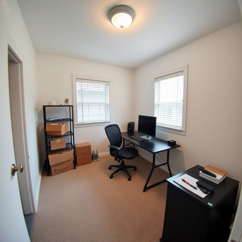 Plain home office before the restyle: white walls, beige carpet, a black metal desk with a monitor and office chair, a wire shelf with boxes and two windows with blinds