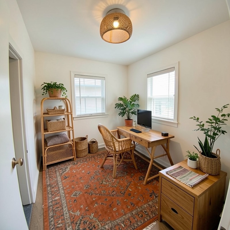 Boho home office (AI restyle): a red patterned rug, a rattan pendant, a wood desk with a rattan chair, a bamboo shelf with baskets, a wood file cabinet and tall plants by the windows
